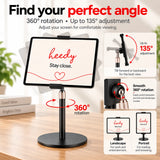 Heedy adjustable tablet stand showing 360-degree rotation and up to 135-degree viewing-angle adjustment in landscape and portrait positions.