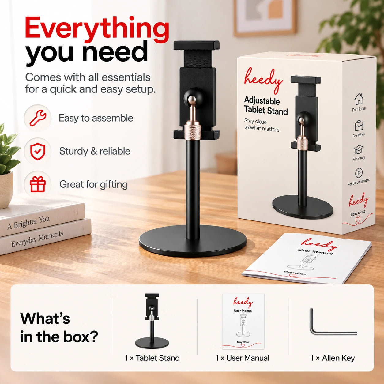 Heedy adjustable tablet stand with branded packaging, user manual and Allen key included for easy setup.