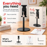 Heedy adjustable tablet stand with branded packaging, user manual and Allen key included for easy setup.