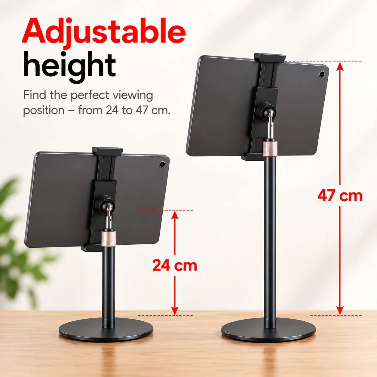 Heedy adjustable tabletop tablet stand showing adjustable height from 24 to 47 cm