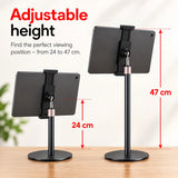 Heedy adjustable tabletop tablet stand showing adjustable height from 24 to 47 cm