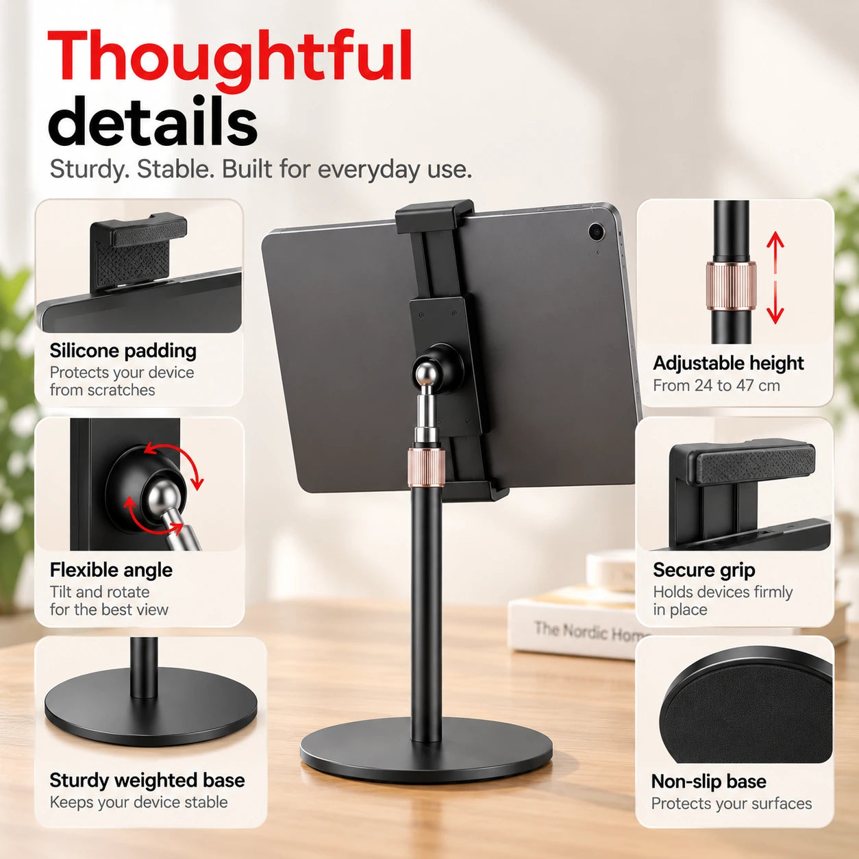 Heedy adjustable tablet stand with silicone padding, flexible viewing angle, secure grip, adjustable height and weighted non-slip base.