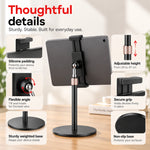 Heedy adjustable tablet stand with silicone padding, flexible viewing angle, secure grip, adjustable height and weighted non-slip base.