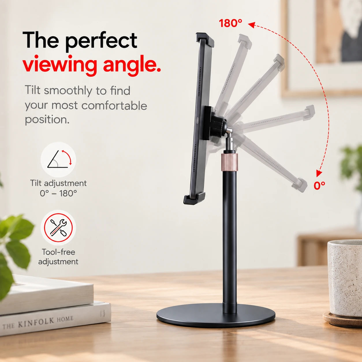 Heedy adjustable tabletop tablet stand demonstrating flexible viewing angle adjustment