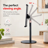 Heedy adjustable tabletop tablet stand demonstrating flexible viewing angle adjustment