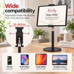 Heedy adjustable tablet stand with 13–24.5 cm holder width, compatible with phones, tablets and portable monitors.