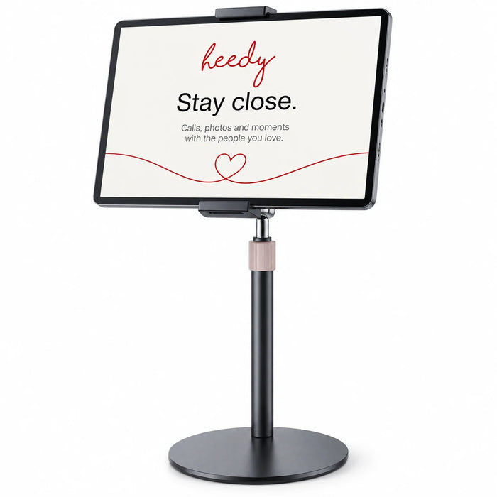Heedy adjustable tabletop tablet stand holding a tablet in landscape mode
