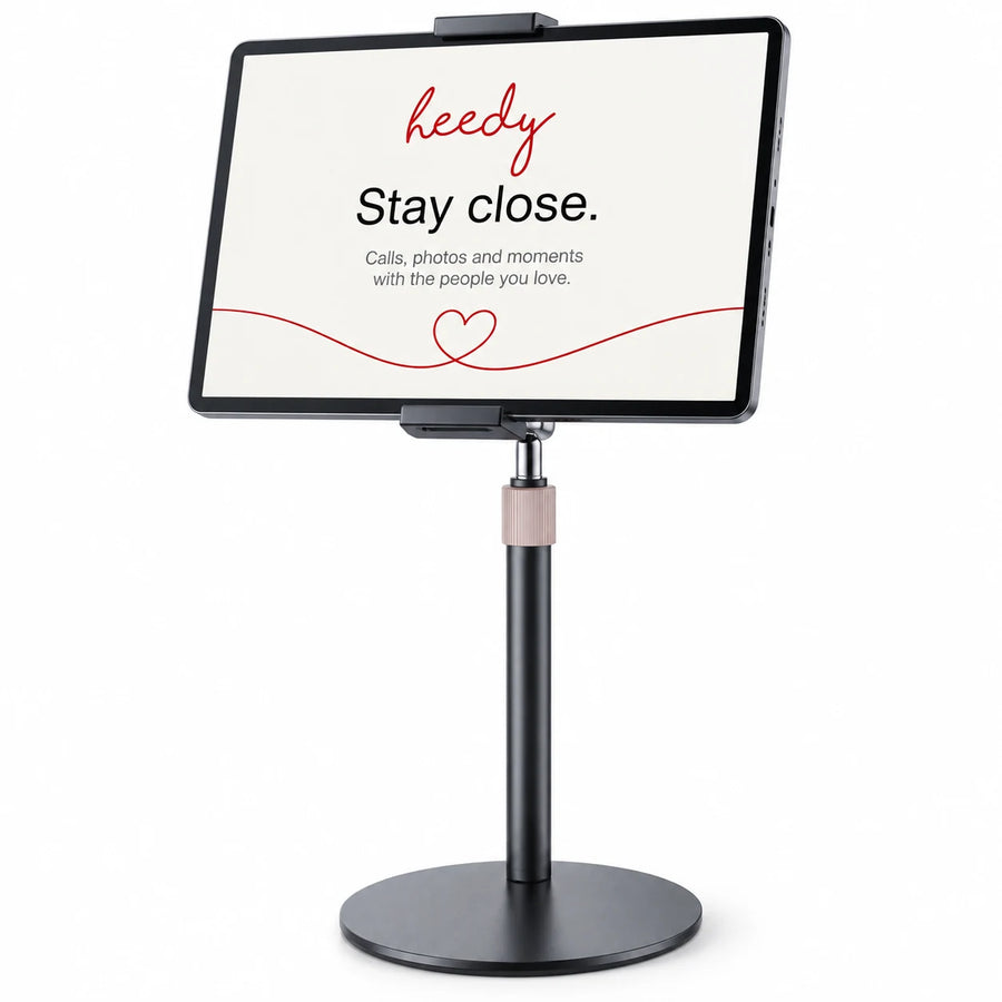 Heedy adjustable tabletop tablet stand holding a tablet in landscape mode