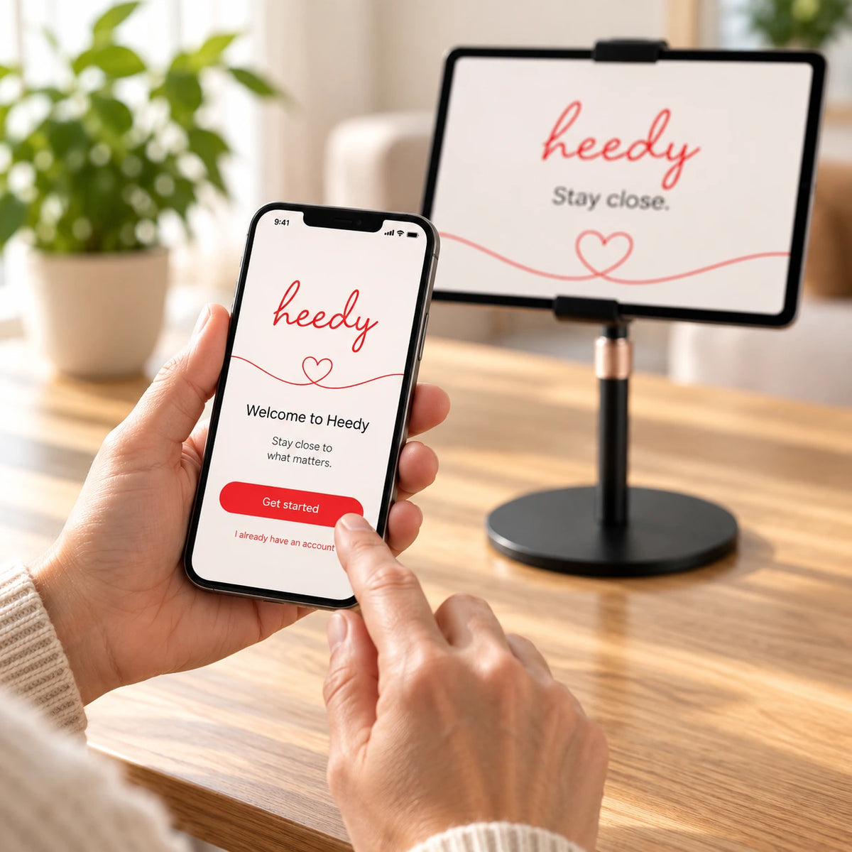 Person setting up the Heedy app on a smartphone with a tablet mounted on the Heedy stand in the background.