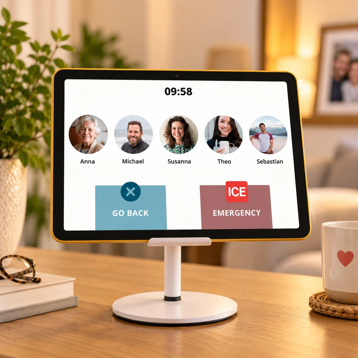 Heedy tablet displaying family contacts and the Emergency Call button for quickly calling a chosen trusted person.
