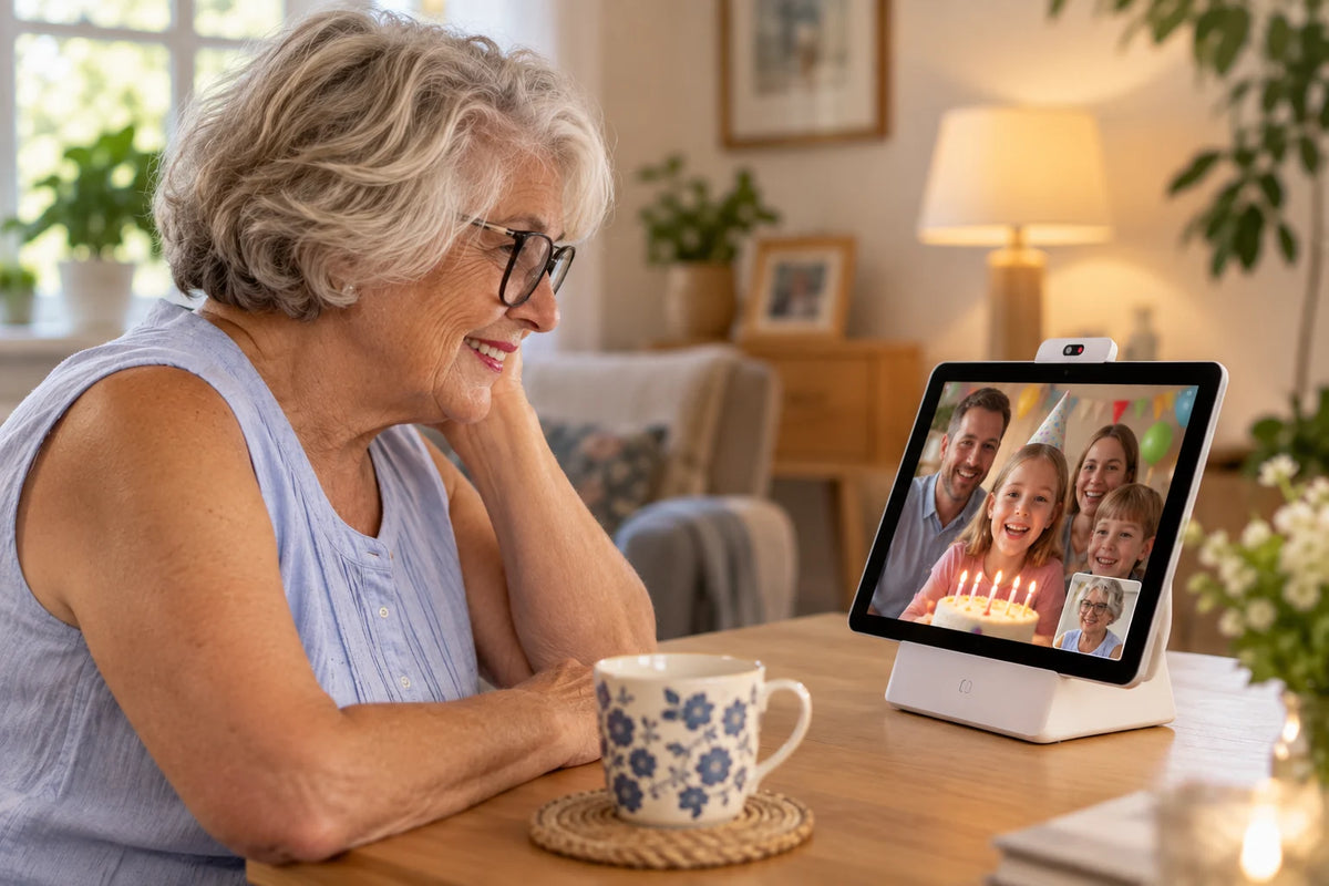 Older woman using Heedy to join a family birthday video call