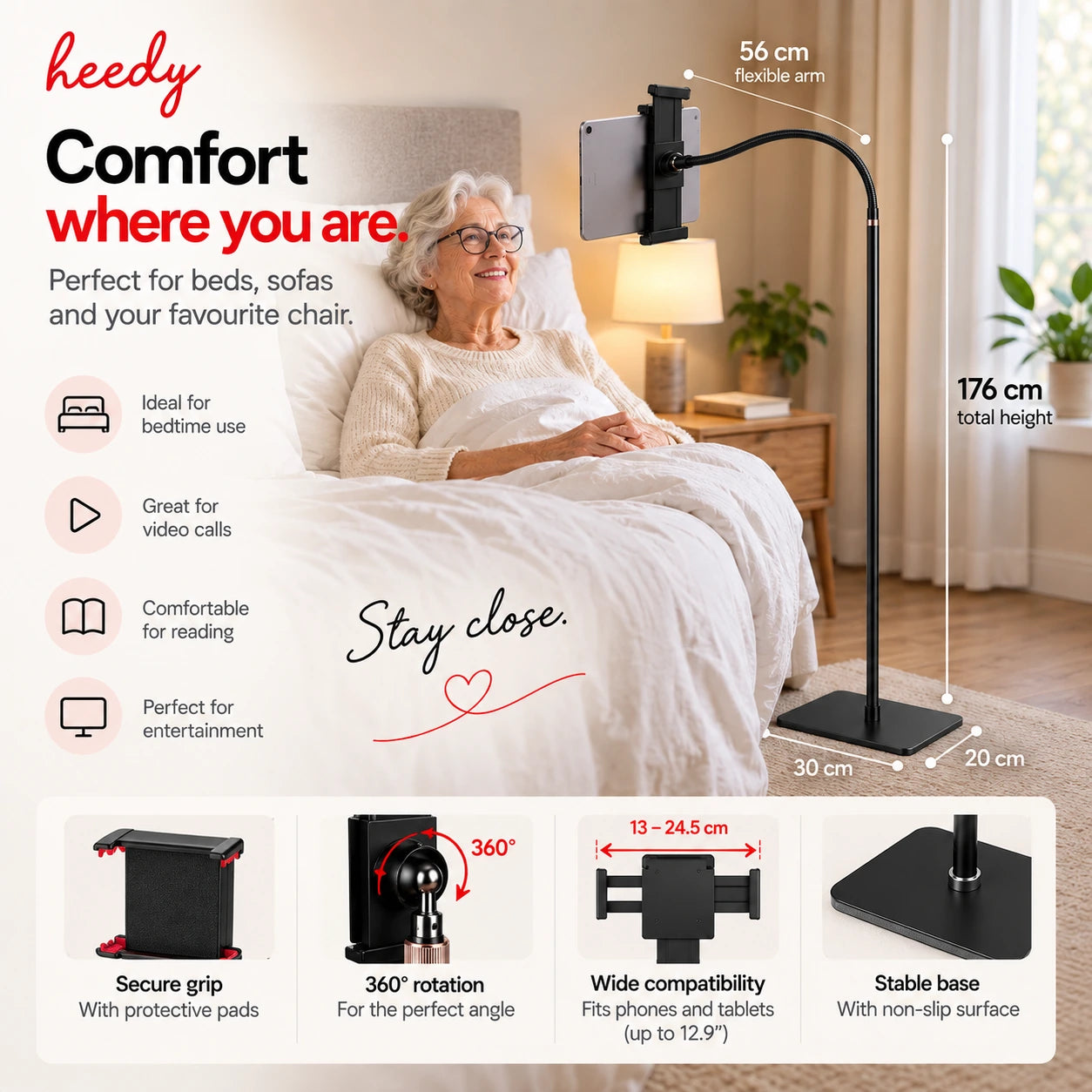 Heedy floor tablet stand beside a bed, showing its 176 cm height, flexible arm, 360-degree rotation, secure tablet grip and stable non-slip base.