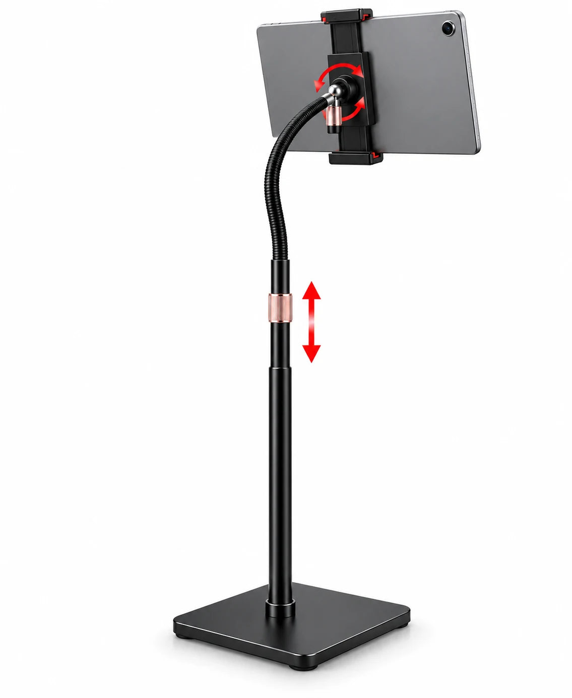 Heedy floor tablet stand with flexible arm positioned beside a chair for comfortable hands-free tablet use at home.