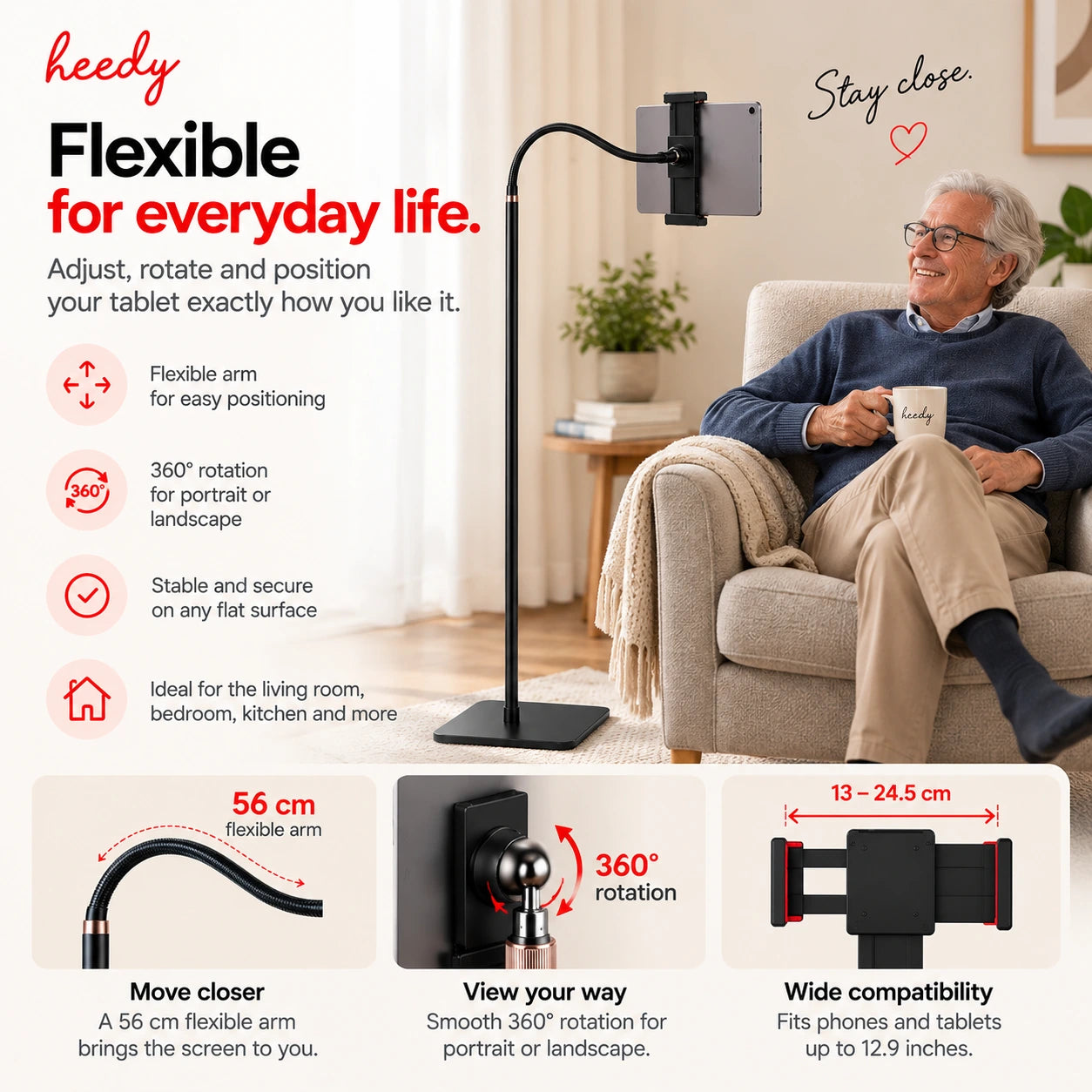 Heedy floor tablet stand with flexible 56 cm arm, 360-degree rotation and adjustable holder for phones and tablets up to 12.9 inches.