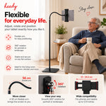 Heedy floor tablet stand with flexible 56 cm arm, 360-degree rotation and adjustable holder for phones and tablets up to 12.9 inches.