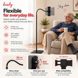 Heedy floor tablet stand with flexible 56 cm arm, 360-degree rotation and adjustable holder for phones and tablets up to 12.9 inches.