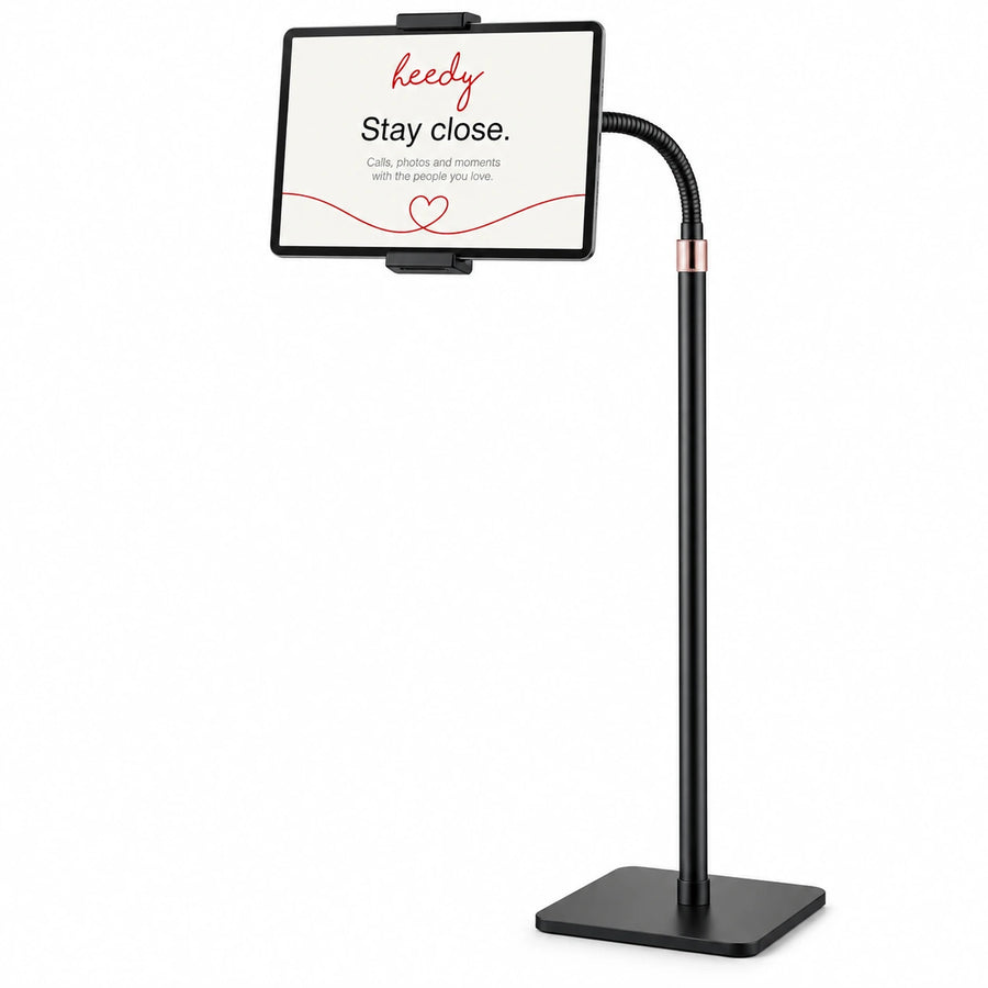 Heedy floor tablet stand with flexible arm holding a tablet in landscape orientation, designed for comfortable hands-free calls and everyday use.
