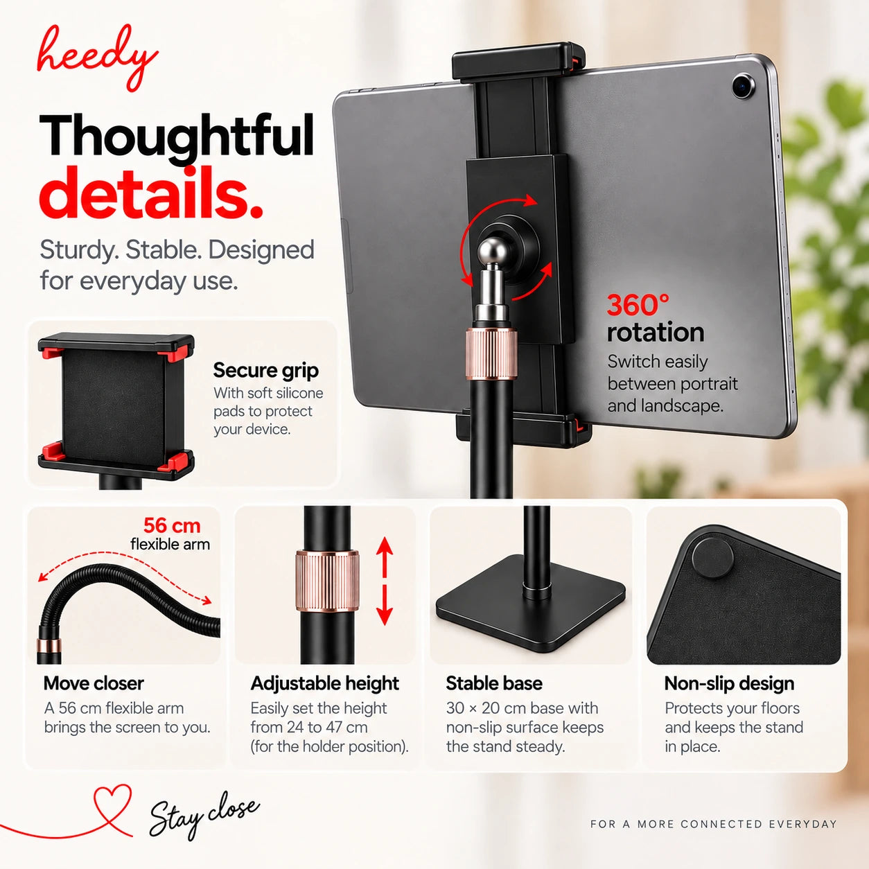 Heedy floor tablet stand showing secure padded grip, 360-degree rotation, flexible arm, stable base and non-slip design.