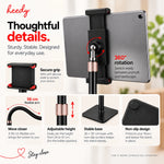 Heedy floor tablet stand showing secure padded grip, 360-degree rotation, flexible arm, stable base and non-slip design.