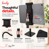 Heedy floor tablet stand showing secure padded grip, 360-degree rotation, flexible arm, stable base and non-slip design.