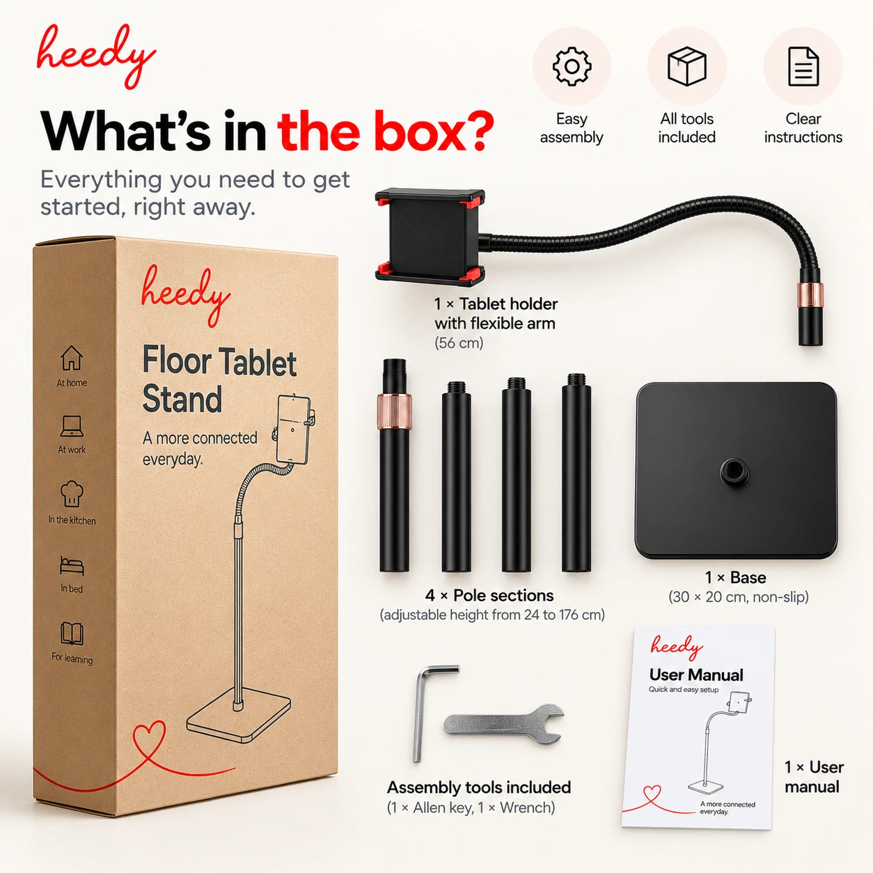 Heedy floor tablet stand package contents showing flexible tablet holder, pole sections, non-slip base, assembly tools, user manual and product box.