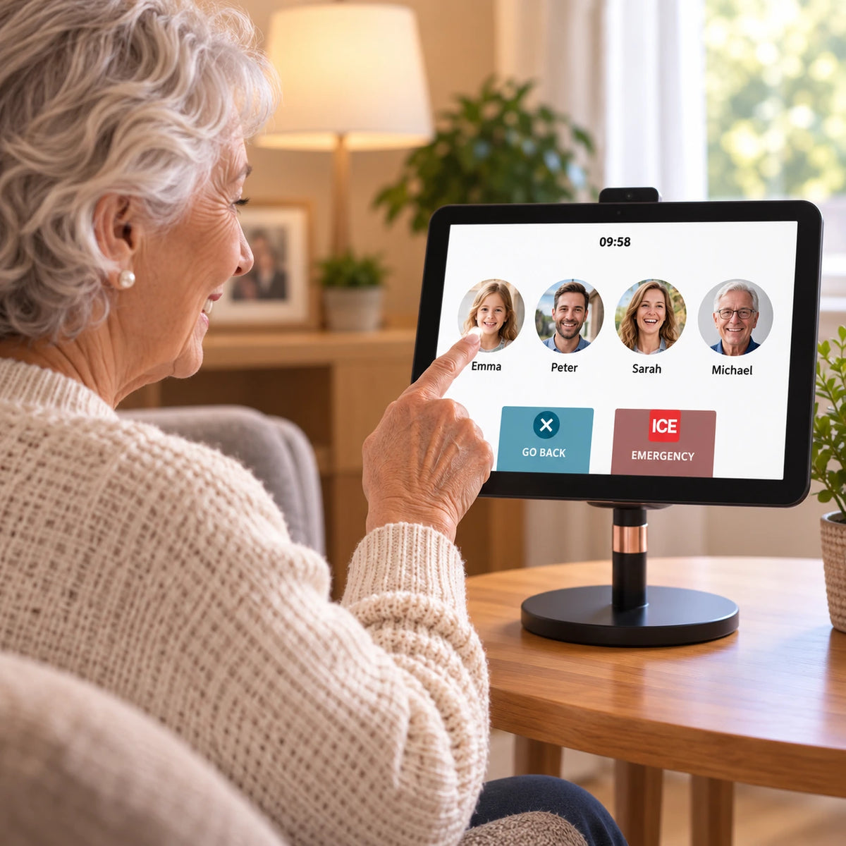 Older woman using the simple Heedy tablet interface to tap a family member’s photo and start a call.